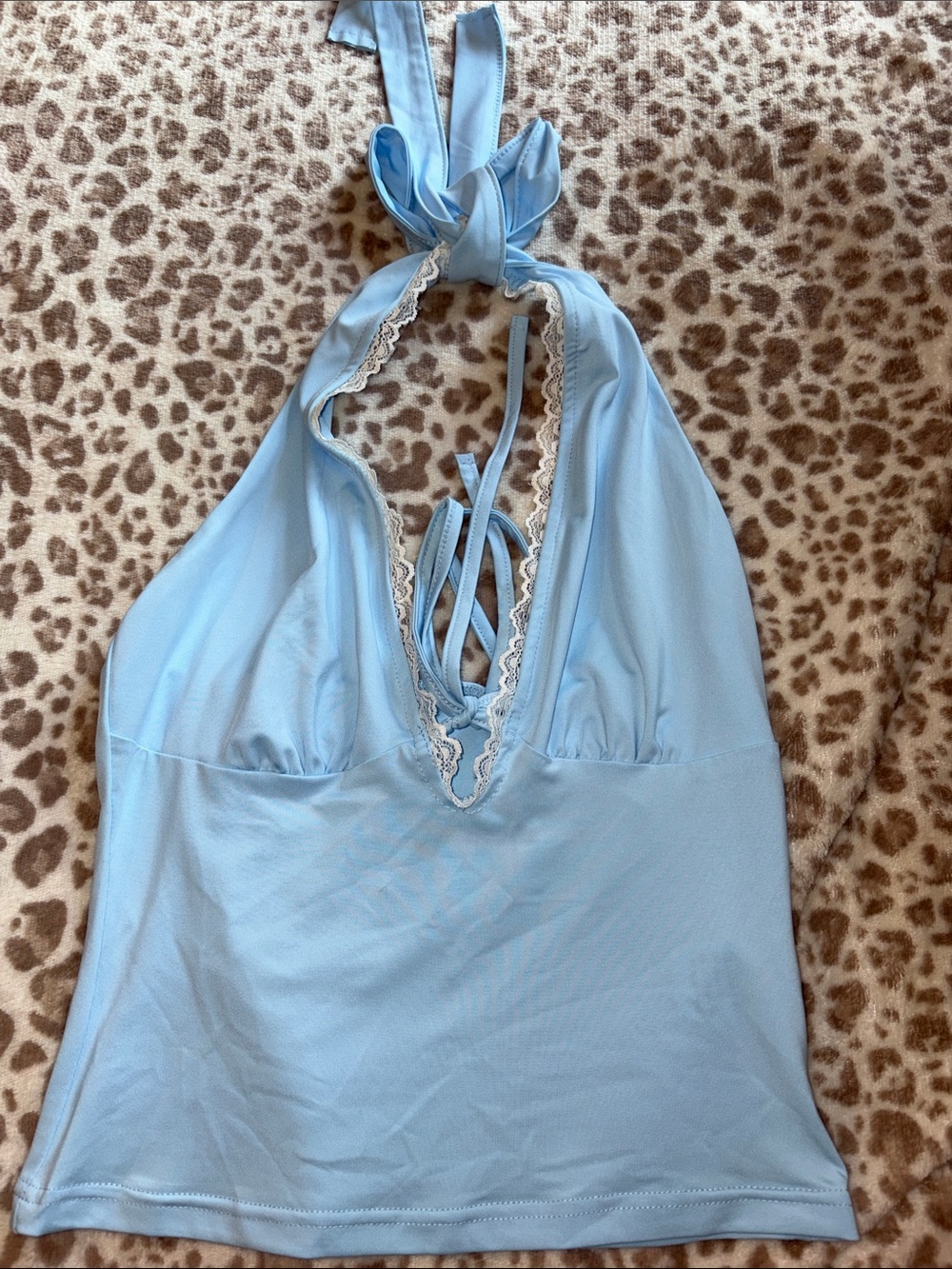 SHEIN Light Blue Lace-Trim Halter Tank Top